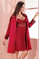 Espuar Begonia Series Lace Detailed 2 Pieces Satin Nightgown Set