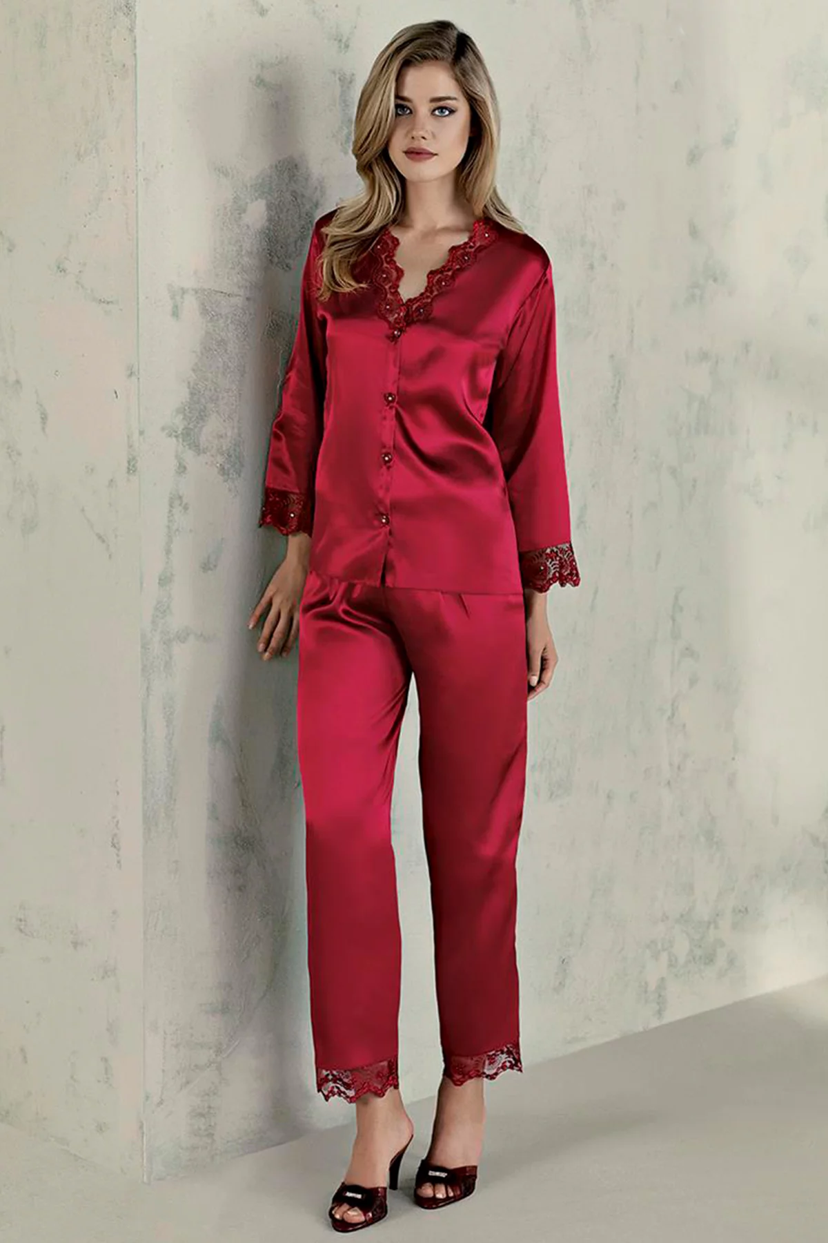 Espuar Camellia Series Button Down 2 Pieces Satin Pyjama Set - Görsel 1