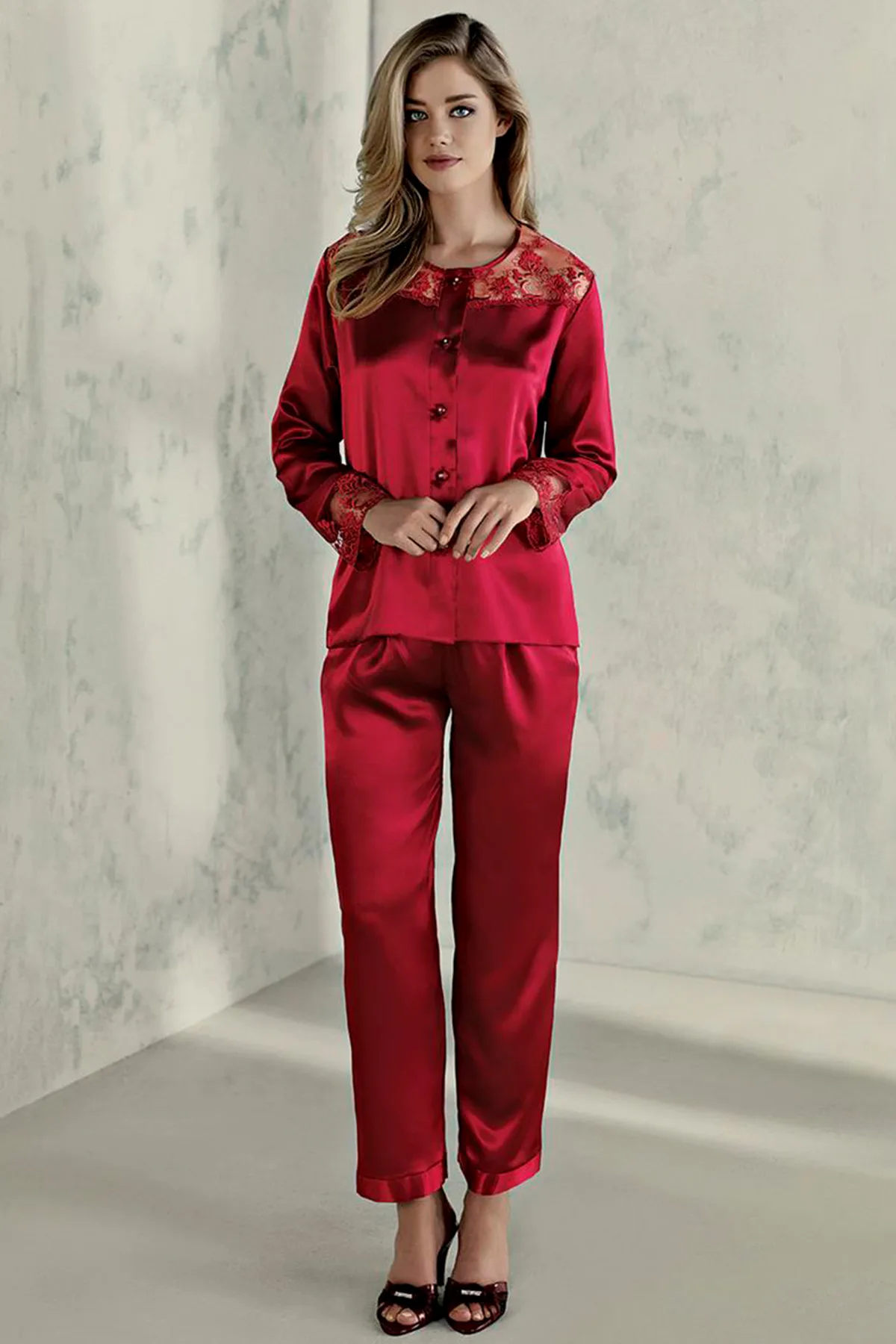 Espuar Tulipa Series Button Down 2 Pieces Satin Pyjama Set - Görsel 1