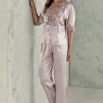 Espuar Jasmine Series Button Down V-Neck 2 Pieces Satin Pyjama Set