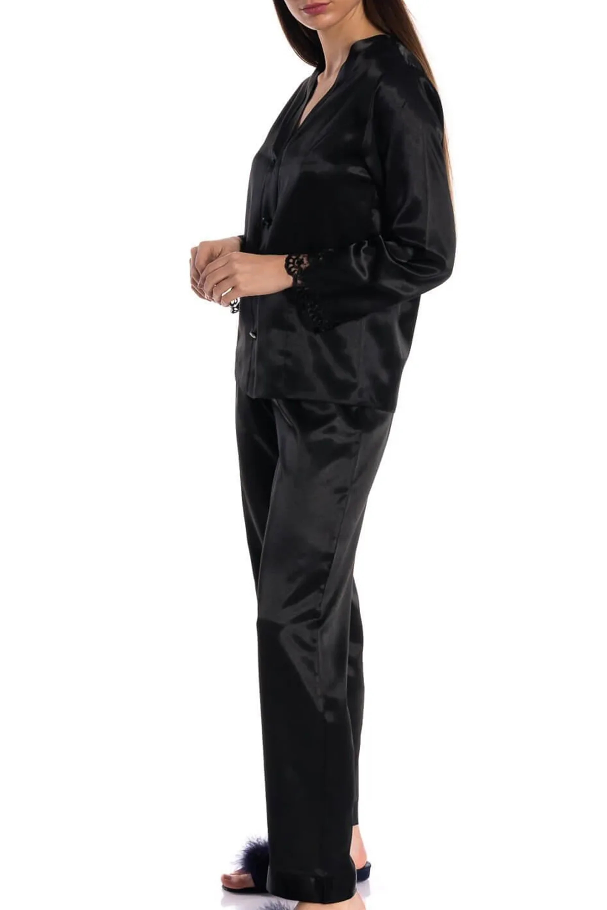 Espuar Orchid Series Button Down 2 Pieces V-Neck Satin Pyjama Set - Görsel 10