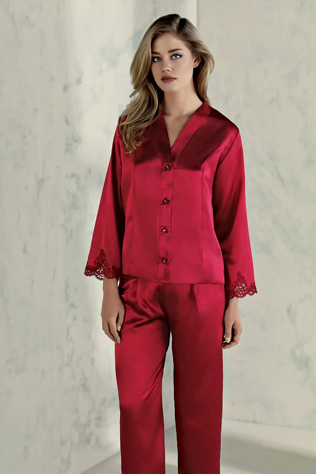 Espuar Orchid Series Button Down 2 Pieces V-Neck Satin Pyjama Set - Görsel 1