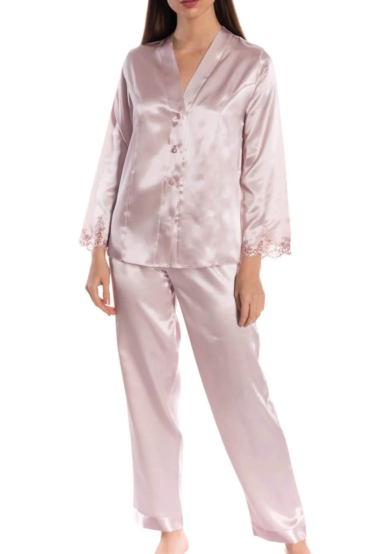 Espuar Orchid Series Button Down 2 Pieces V-Neck Satin Pyjama Set - Görsel 3