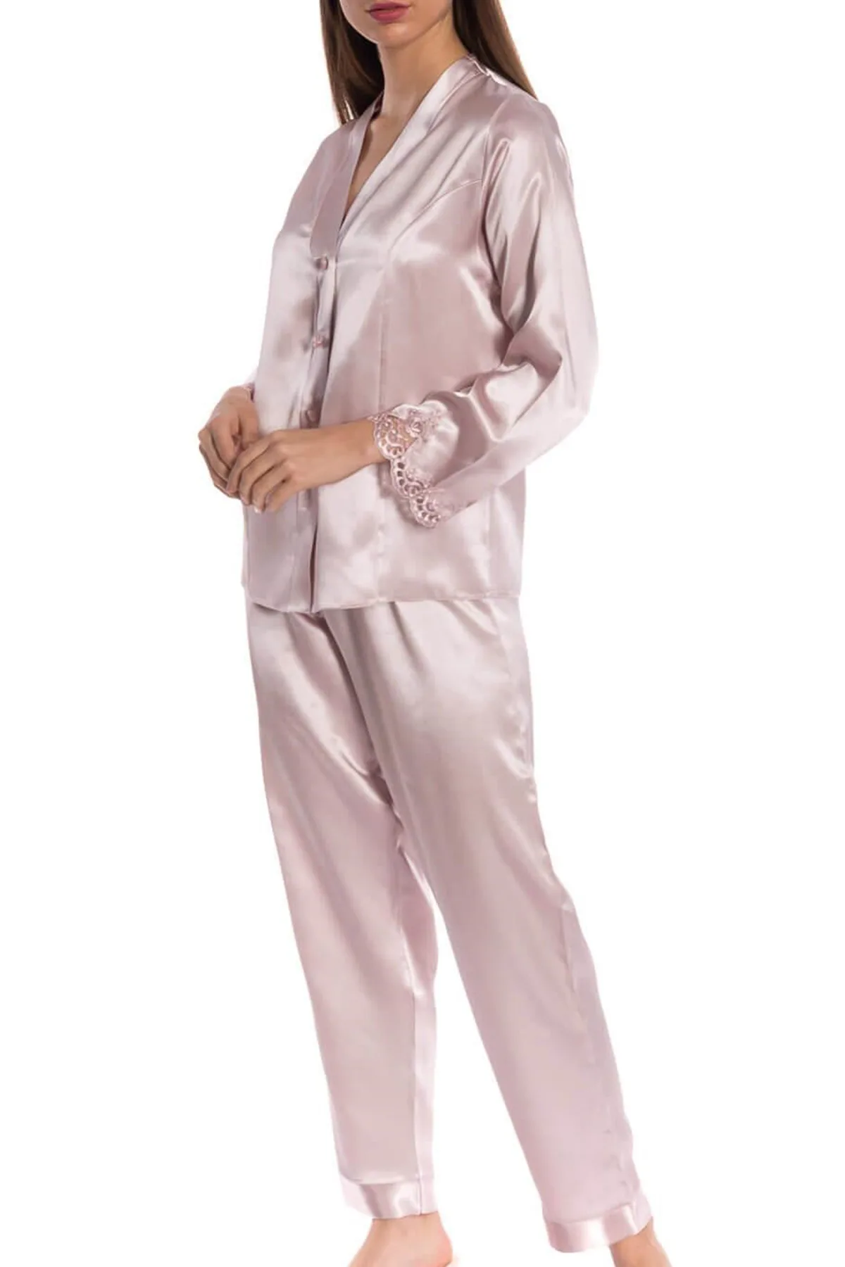 Espuar Orchid Series Button Down 2 Pieces V-Neck Satin Pyjama Set - Görsel 4