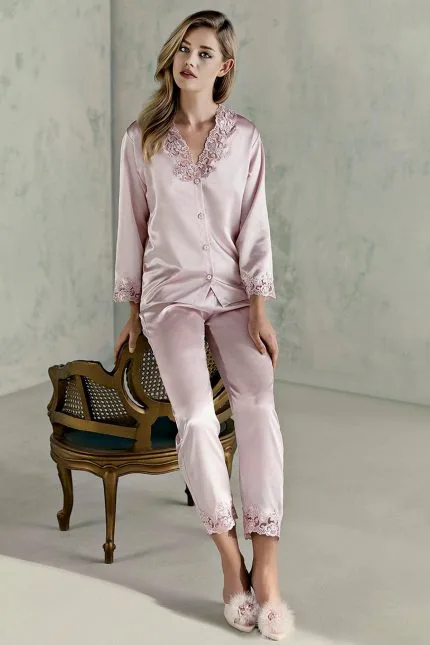 Espuar Rose Series Button Down 2 Pieces Satin Pyjama Set